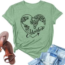 Airplane Mode Shirt Women Love Heart Graphic Tees Adventure Letter Print Short Sleeve Travel Shirts Casual Outdoor Tops