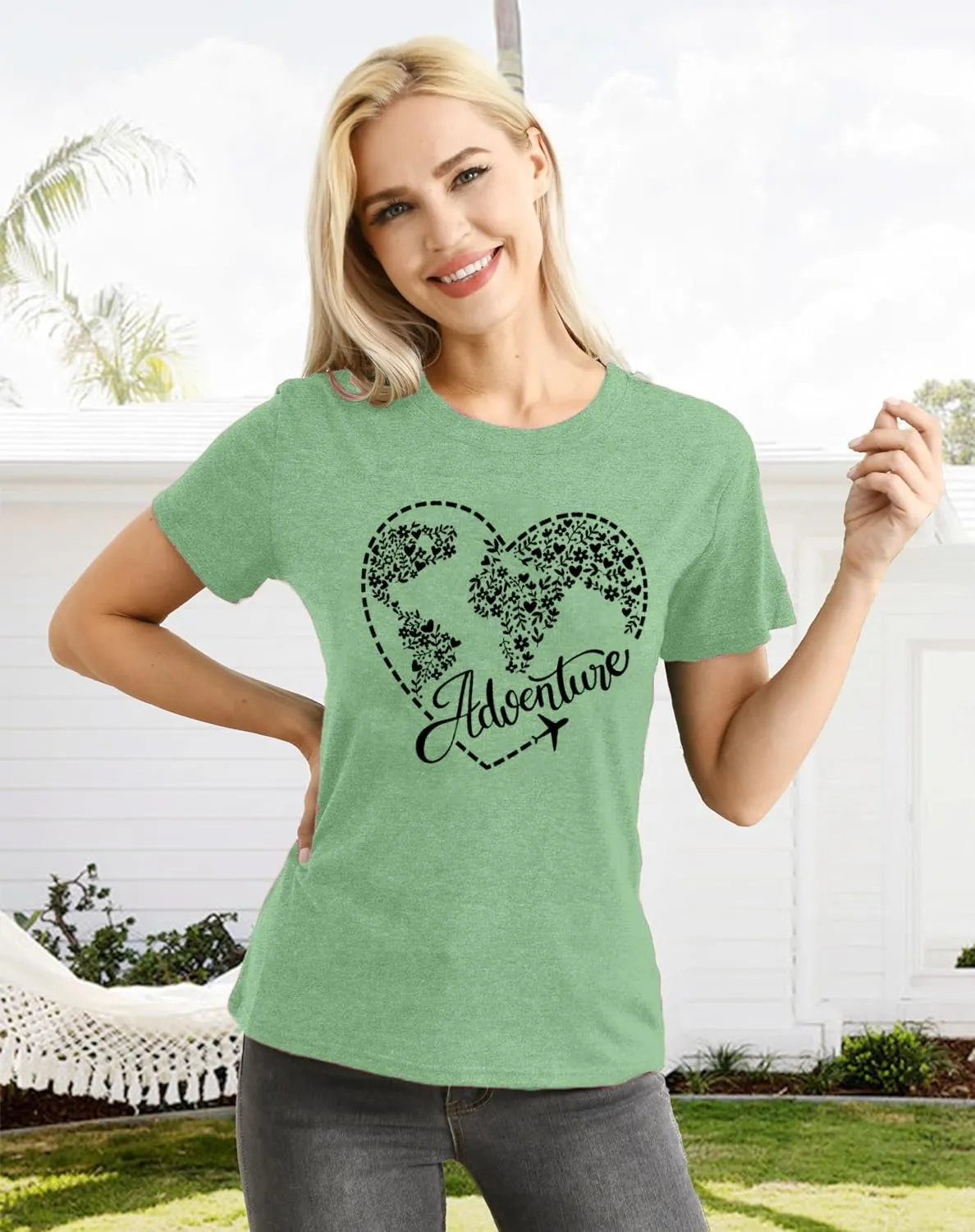 Airplane Mode Shirt Women Love Heart Graphic Tees Adventure Letter Print Short Sleeve Travel Shirts Casual Outdoor Tops