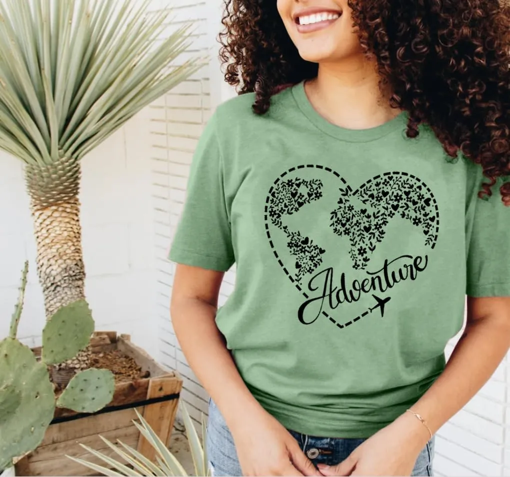 Airplane Mode Shirt Women Love Heart Graphic Tees Adventure Letter Print Short Sleeve Travel Shirts Casual Outdoor Tops