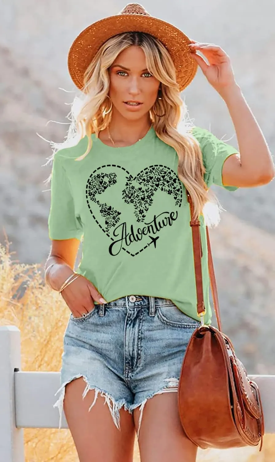 Airplane Mode Shirt Women Love Heart Graphic Tees Adventure Letter Print Short Sleeve Travel Shirts Casual Outdoor Tops