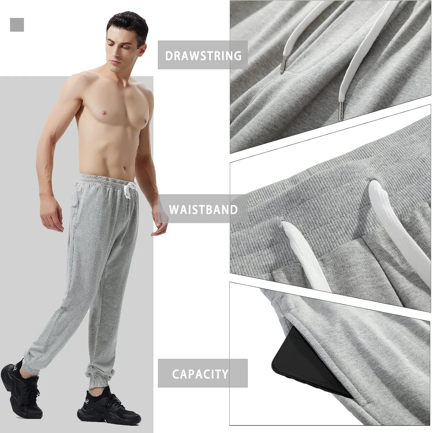 AMY COULEE Men's Casual Joggers Cotton Sweatpants Workout Athletic Pants with Pockets Drawstring Gym Running Pants