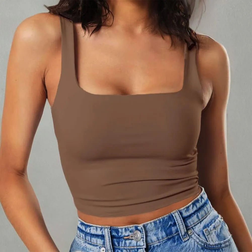 Artfish Women's Sleeveless Strappy Tank Square Neck Double Layer Workout Fitness Casual Basic Crop Tops