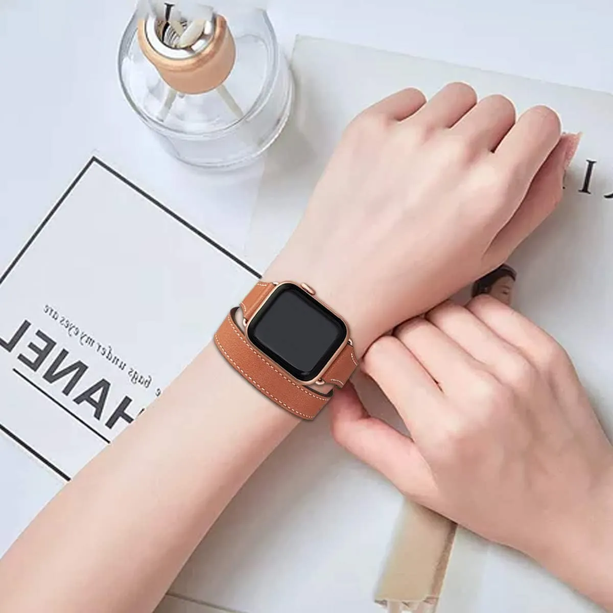 Bestig Bands Compatible with Apple Watch Band 38mm 40mm 41mm 42mm 44mm 45mm 46mm 49mm Women Men, Genuine Leather Double Tour Designed Slim Thin Strap for iWatch Ultra SE Series 10 9 8 7 6 5 4 3 2 1