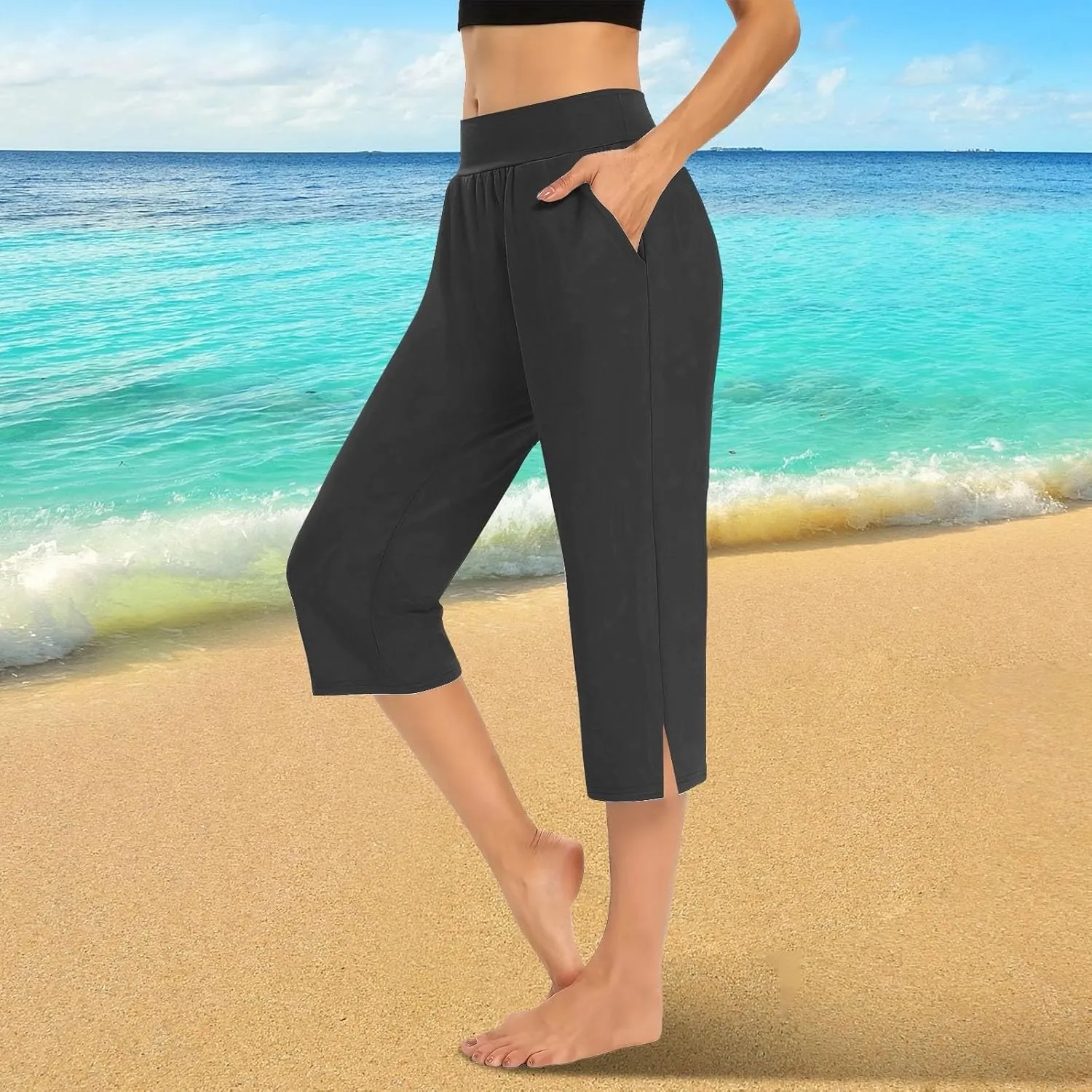 Capri for Senior,Womens Capri Sweatpants,Plus Size Yoga Pocket Workout Sweatpant Athletic Trousers with Pockets,