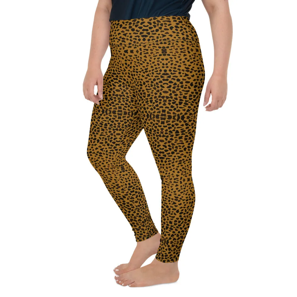 Cheetah Plus Size Leggings, Women's Animal Print Best Long Yoga Pants-Made in USA/EU