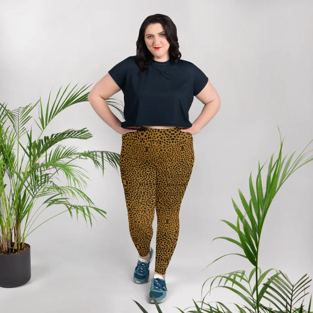 Cheetah Plus Size Leggings, Women's Animal Print Best Long Yoga Pants-Made in USA/EU
