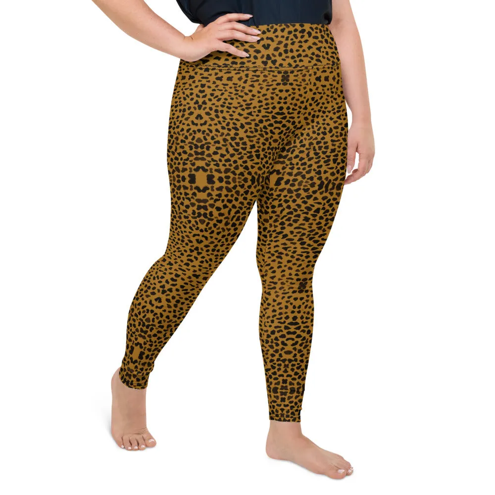 Cheetah Plus Size Leggings, Women's Animal Print Best Long Yoga Pants-Made in USA/EU