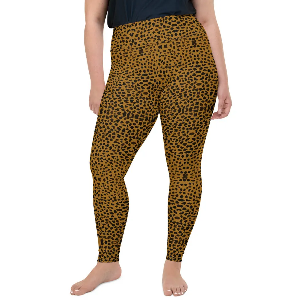 Cheetah Plus Size Leggings, Women's Animal Print Best Long Yoga Pants-Made in USA/EU