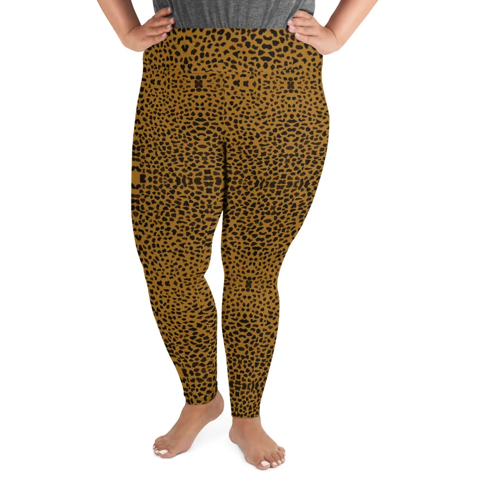 Cheetah Plus Size Leggings, Women's Animal Print Best Long Yoga Pants-Made in USA/EU