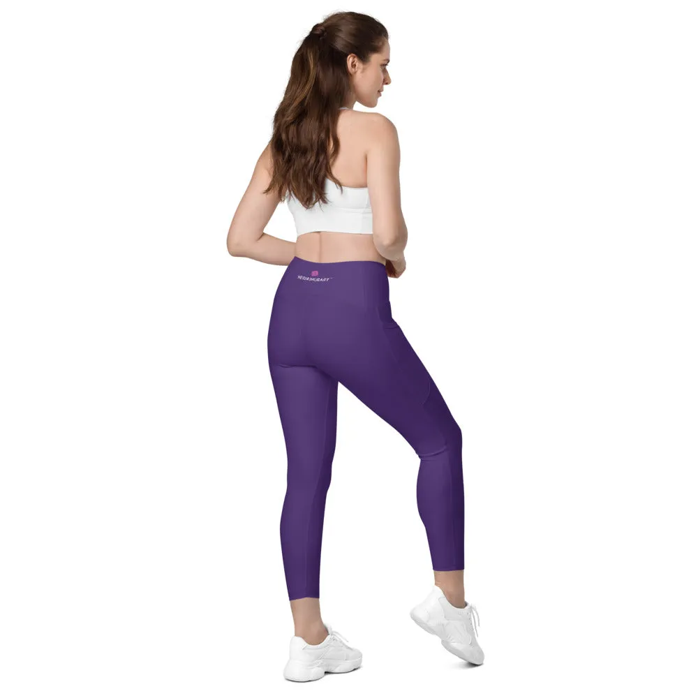 Dark Purple Women's Tights, Solid Color Best Yoga Pants With 2 Side Deep Long Pockets - Made in USA/EU/MX (US Size: 2XS-6XL)