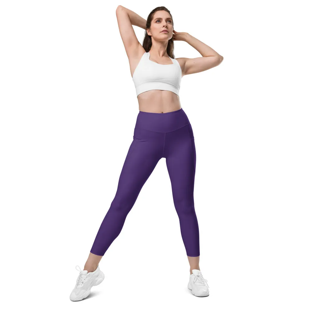 Dark Purple Women's Tights, Solid Color Best Yoga Pants With 2 Side Deep Long Pockets - Made in USA/EU/MX (US Size: 2XS-6XL)