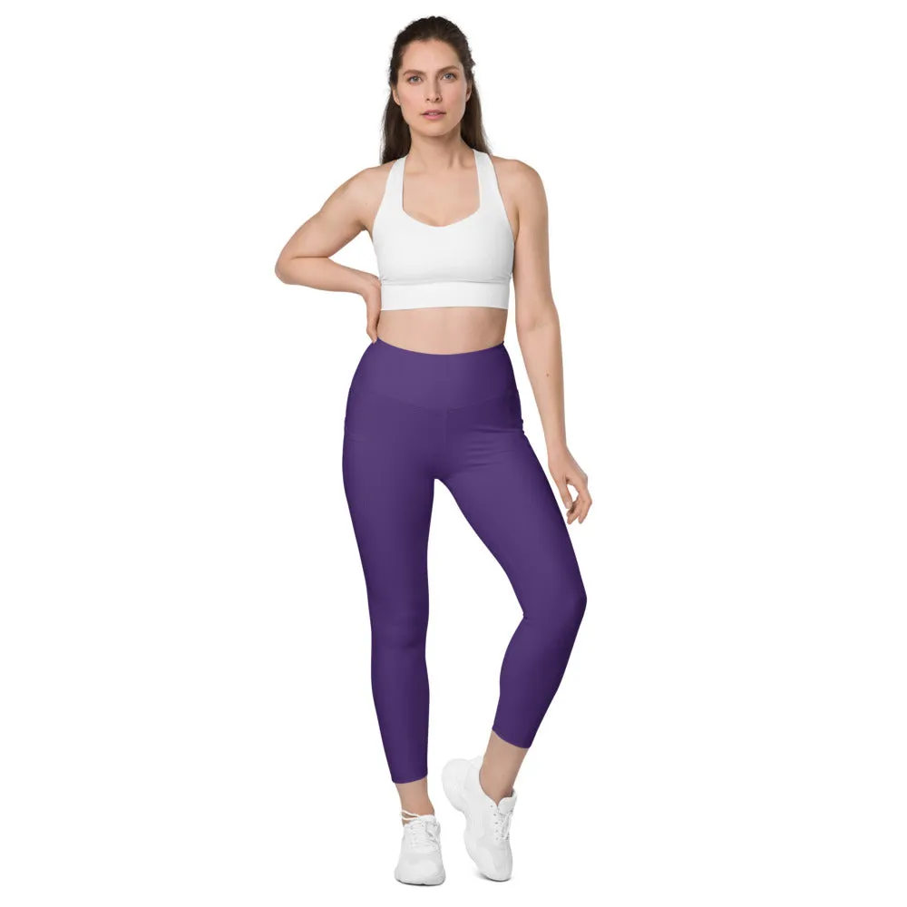 Dark Purple Women's Tights, Solid Color Best Yoga Pants With 2 Side Deep Long Pockets - Made in USA/EU/MX (US Size: 2XS-6XL)