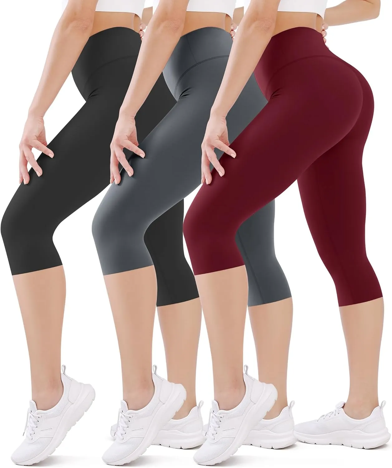 FEYHAY 3 Pack Capri Leggings for Women - High Waisted Yoga Pants Buttery Soft Stretchy Workout Running Cycling