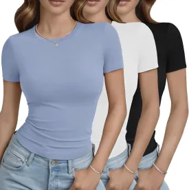 GAYHAY 3 Pack Basic Tees for Women - Crew Neck Slim Fit Tight T Shirts Cute Y2K Trendy Crop Tops Clothes for Casual Summer