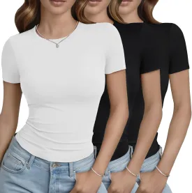 GAYHAY 3 Pack Basic Tees for Women - Crew Neck Slim Fit Tight T Shirts Cute Y2K Trendy Crop Tops Clothes for Casual Summer