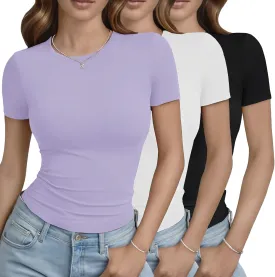 GAYHAY 3 Pack Basic Tees for Women - Crew Neck Slim Fit Tight T Shirts Cute Y2K Trendy Crop Tops Clothes for Casual Summer