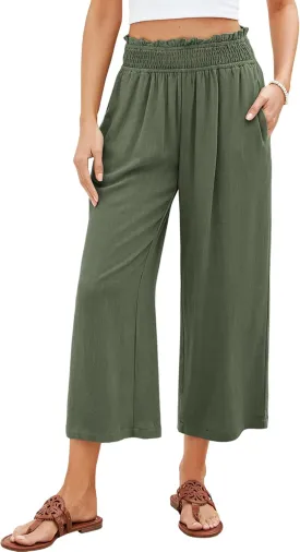 GRAPENT Capri Pants for Women High Waisted Wide Leg Linen Palazzo Trousers Pull On Elastic Smock Waist Loose Flowy Pants
