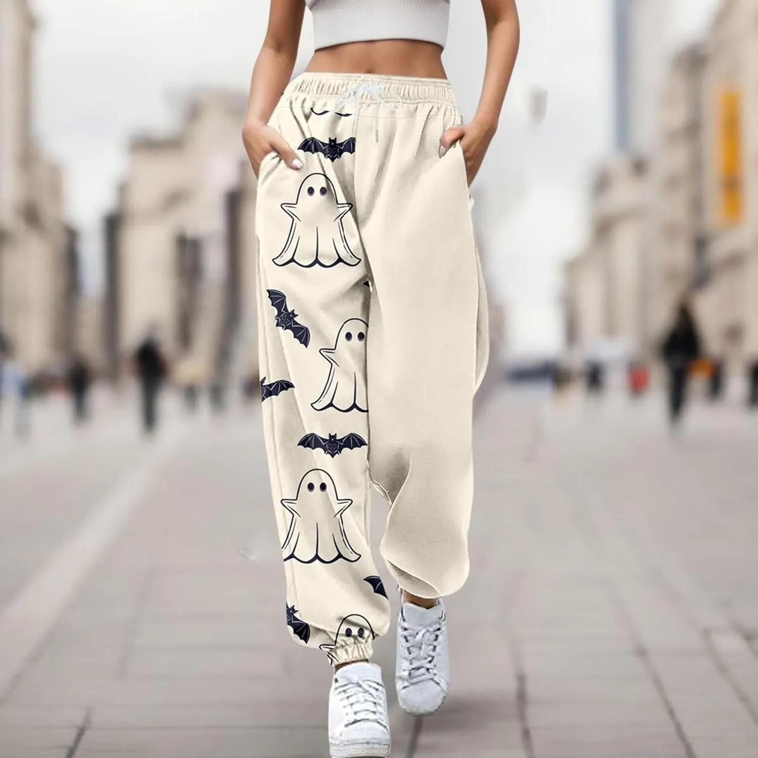 Halloween Sweatpants for Women Trendy Ghost Funny Print Drawstring Waist Wide Leg Pants Loose Pocket Lounge Joggers