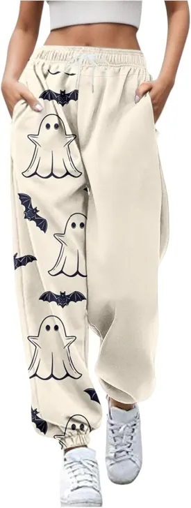 Halloween Sweatpants for Women Trendy Ghost Funny Print Drawstring Waist Wide Leg Pants Loose Pocket Lounge Joggers