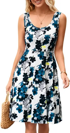 Herou Summer Beach Floral Dresses for Women A line Sleeveless Wide Strap High Waist Midi Tank Dress