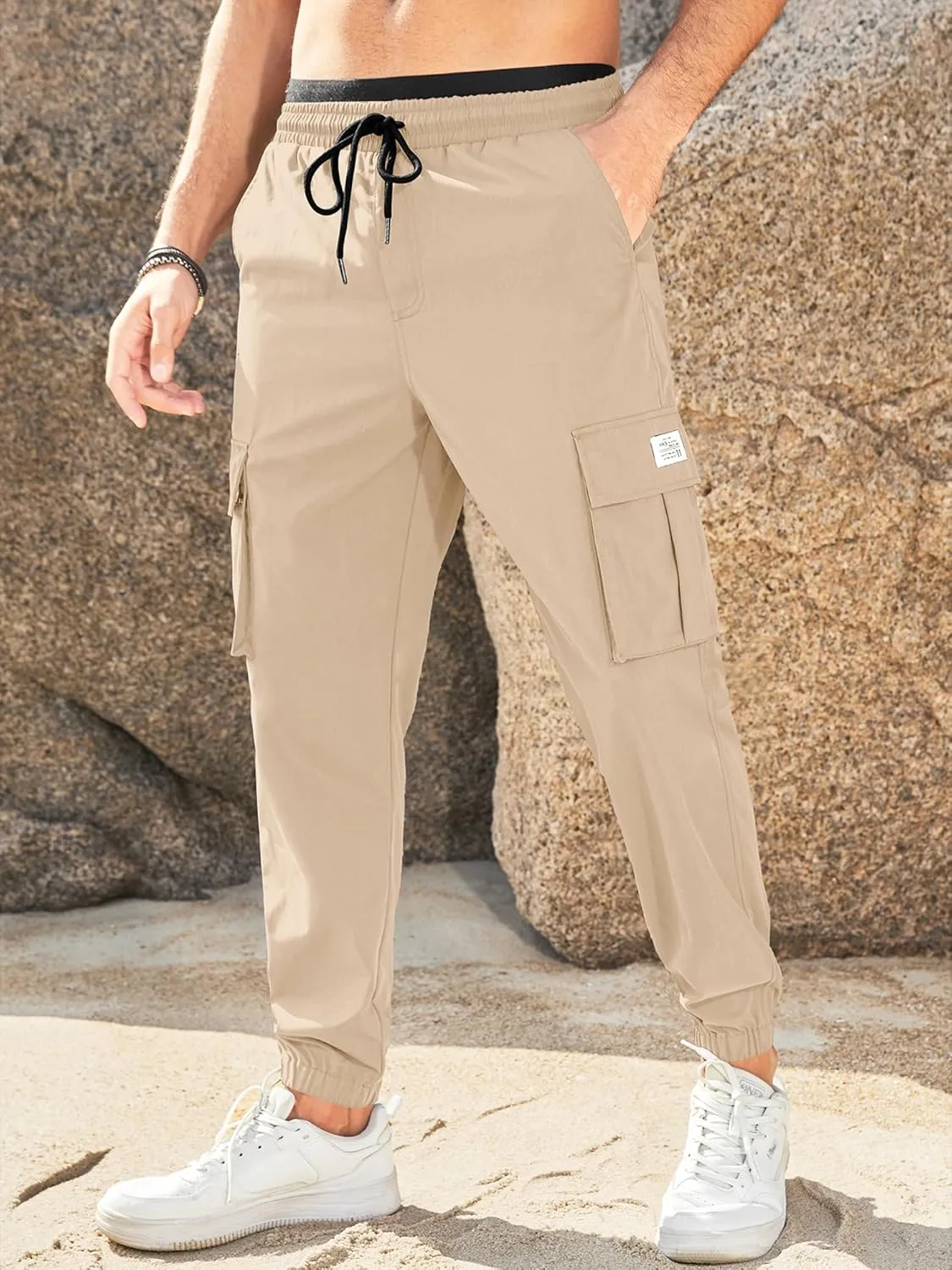 JMIERR Mens Casual Cargo Pants Stretch Elastic Waist Drawstring Joggers Pants Tapered Sweatpants for Men Multi Pockets