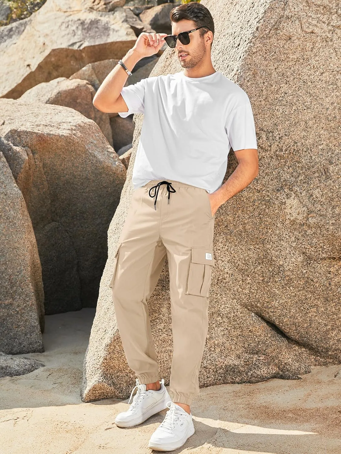 JMIERR Mens Casual Cargo Pants Stretch Elastic Waist Drawstring Joggers Pants Tapered Sweatpants for Men Multi Pockets