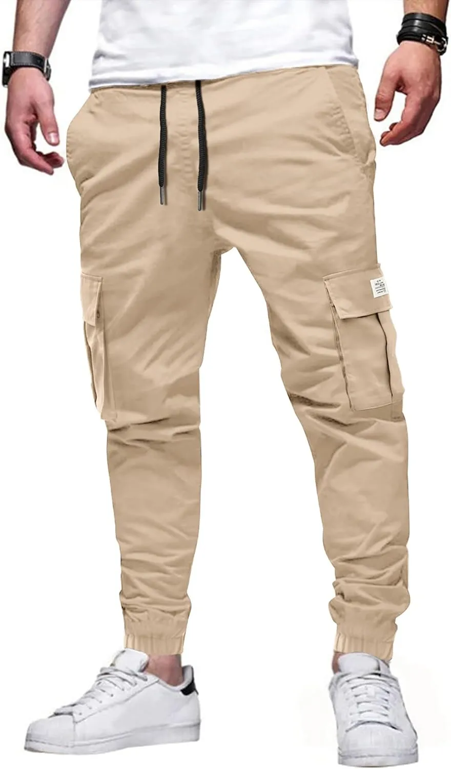 JMIERR Mens Casual Cargo Pants Stretch Elastic Waist Drawstring Joggers Pants Tapered Sweatpants for Men Multi Pockets