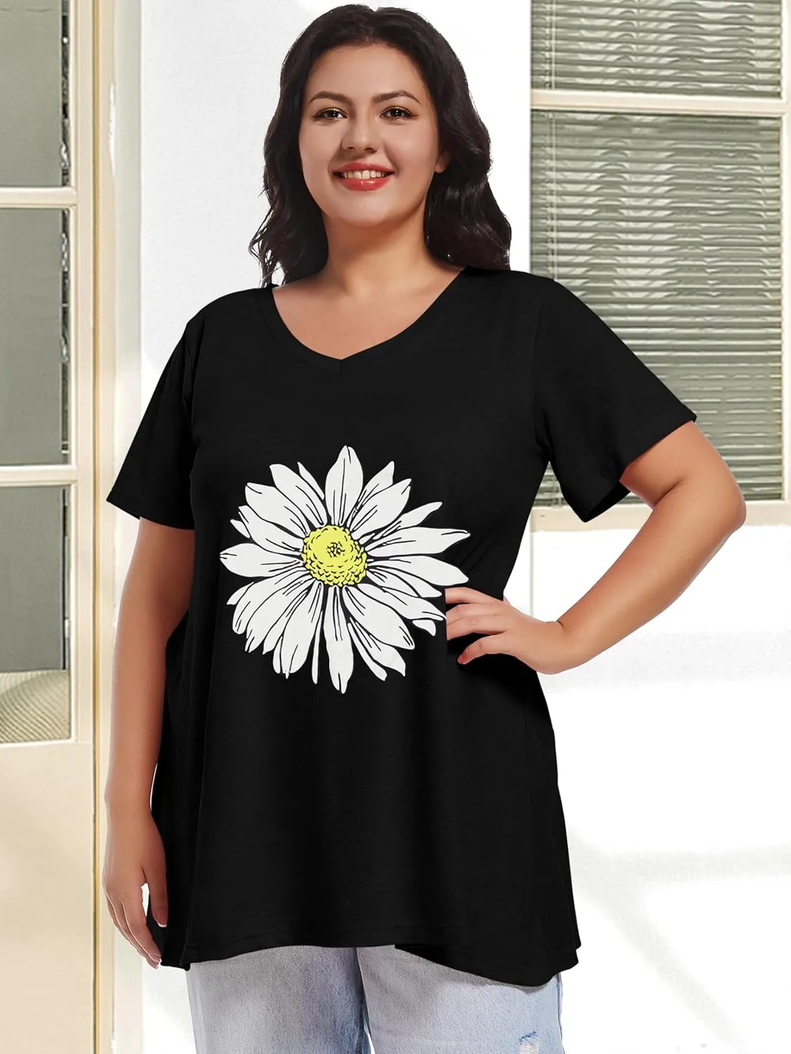 JOELLYUS Plus Size Tops for Women Summer Top Loose Fit Tee Shirts V Neck Short Sleeve Blouse