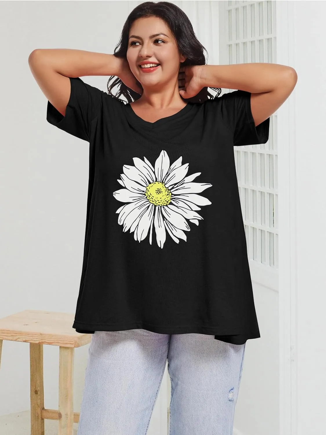 JOELLYUS Plus Size Tops for Women Summer Top Loose Fit Tee Shirts V Neck Short Sleeve Blouse