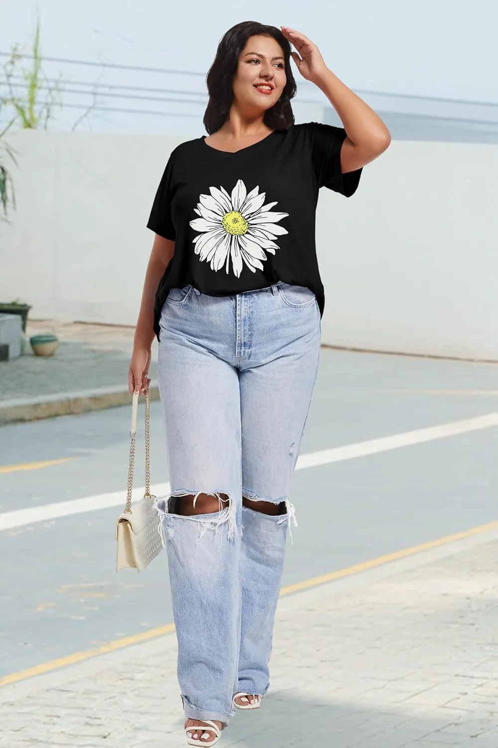 JOELLYUS Plus Size Tops for Women Summer Top Loose Fit Tee Shirts V Neck Short Sleeve Blouse