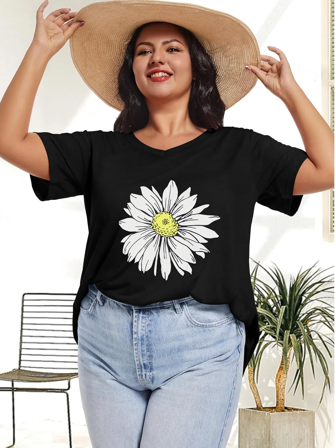 JOELLYUS Plus Size Tops for Women Summer Top Loose Fit Tee Shirts V Neck Short Sleeve Blouse
