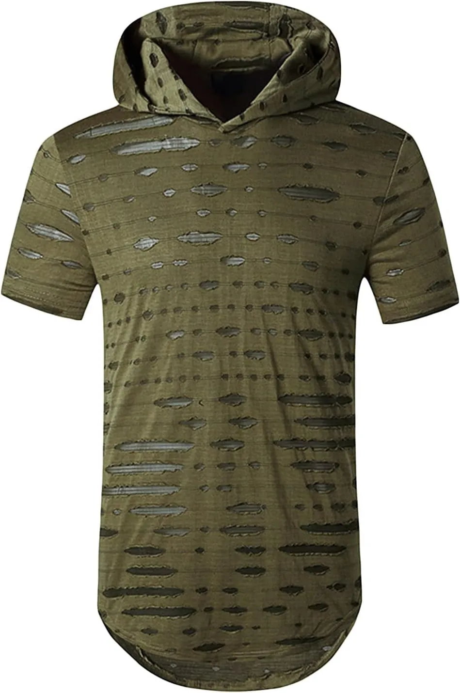 Maiyifu-GJ Mens Athletic Casual Longline Hipster T Shirt Hipster Hip Hop Hoodie Tee Solid Color Ripped Pullover Short Sleeve