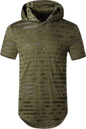 Maiyifu-GJ Mens Athletic Casual Longline Hipster T Shirt Hipster Hip Hop Hoodie Tee Solid Color Ripped Pullover Short Sleeve