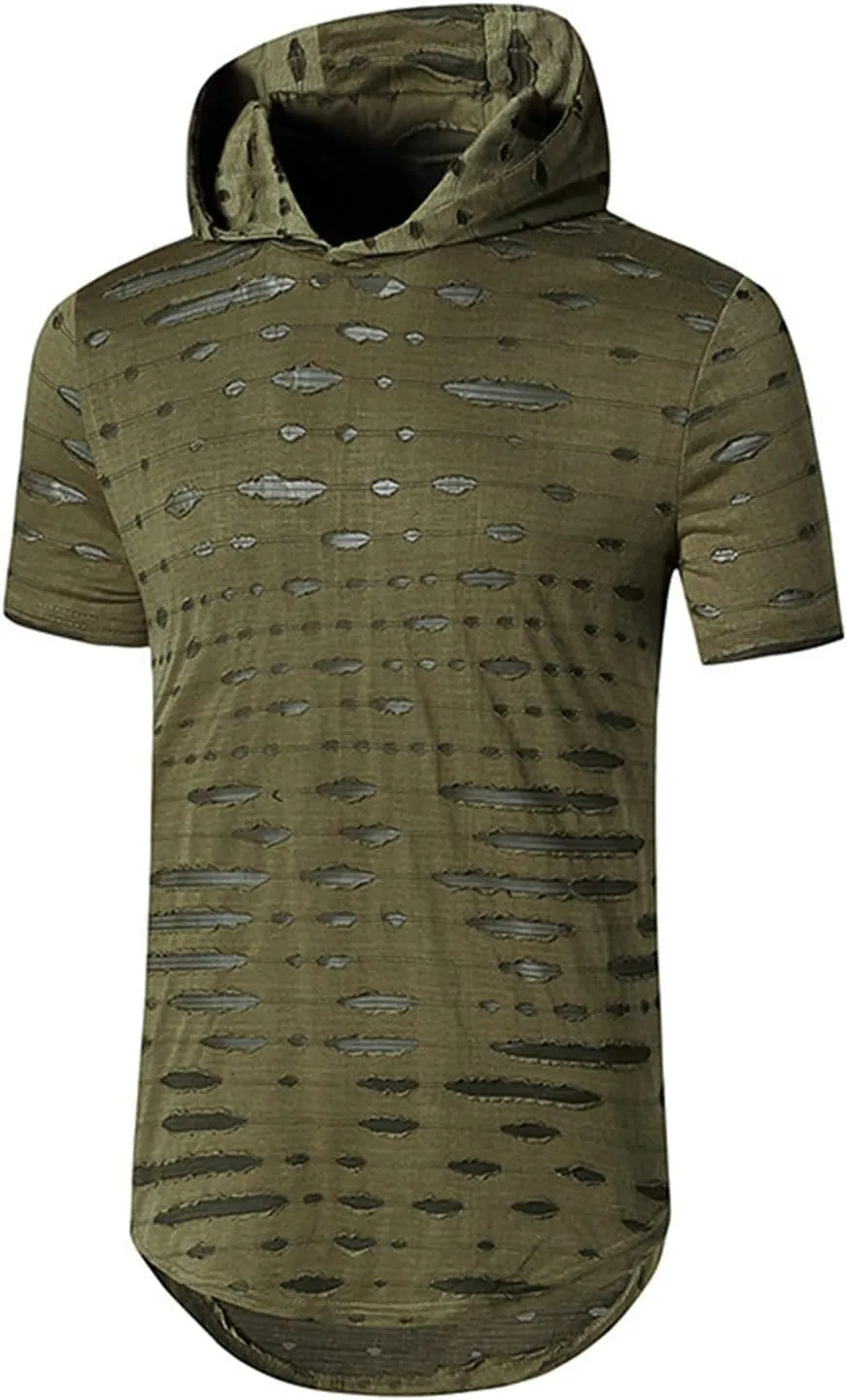 Maiyifu-GJ Mens Athletic Casual Longline Hipster T Shirt Hipster Hip Hop Hoodie Tee Solid Color Ripped Pullover Short Sleeve