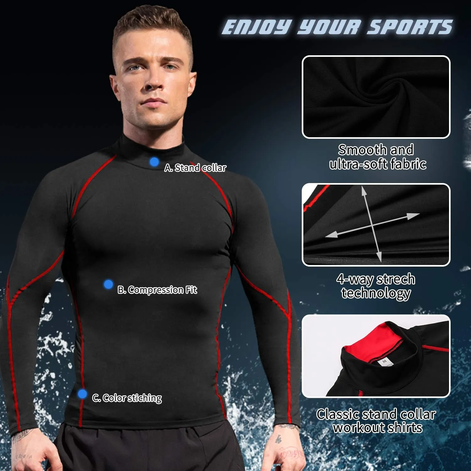 Men's Mock Compression Shirt UPF 50  Long Sleeve Turtleneck Undershirts Baselayer Athletic Running T-Shirts Top