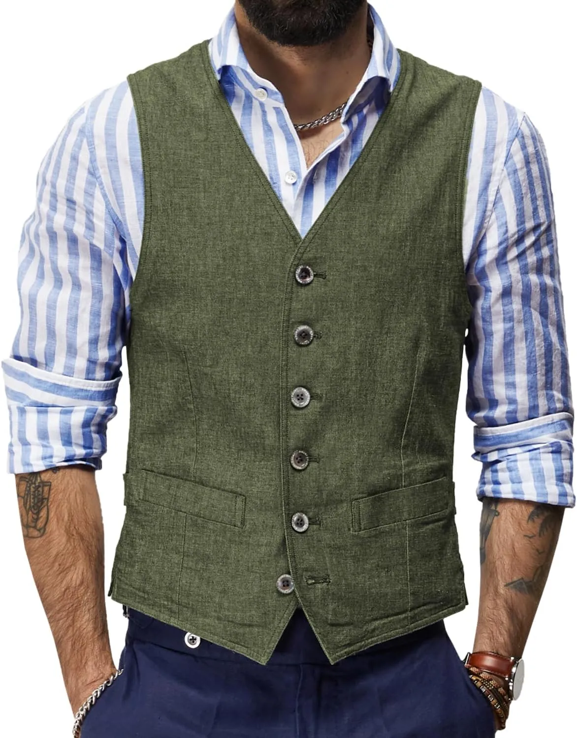 Men's Summer Linen Vest Casual Waistcoat Regular Fit Suit V Neck Vests for Party and Beach