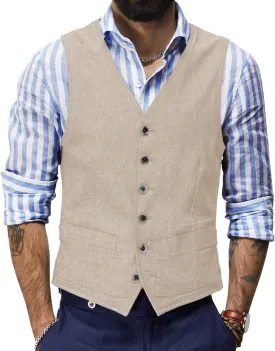 Men's Summer Linen Vest Casual Waistcoat Regular Fit Suit V Neck Vests for Party and Beach