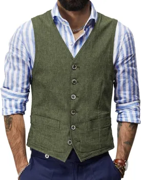 Men's Summer Linen Vest Casual Waistcoat Regular Fit Suit V Neck Vests for Party and Beach