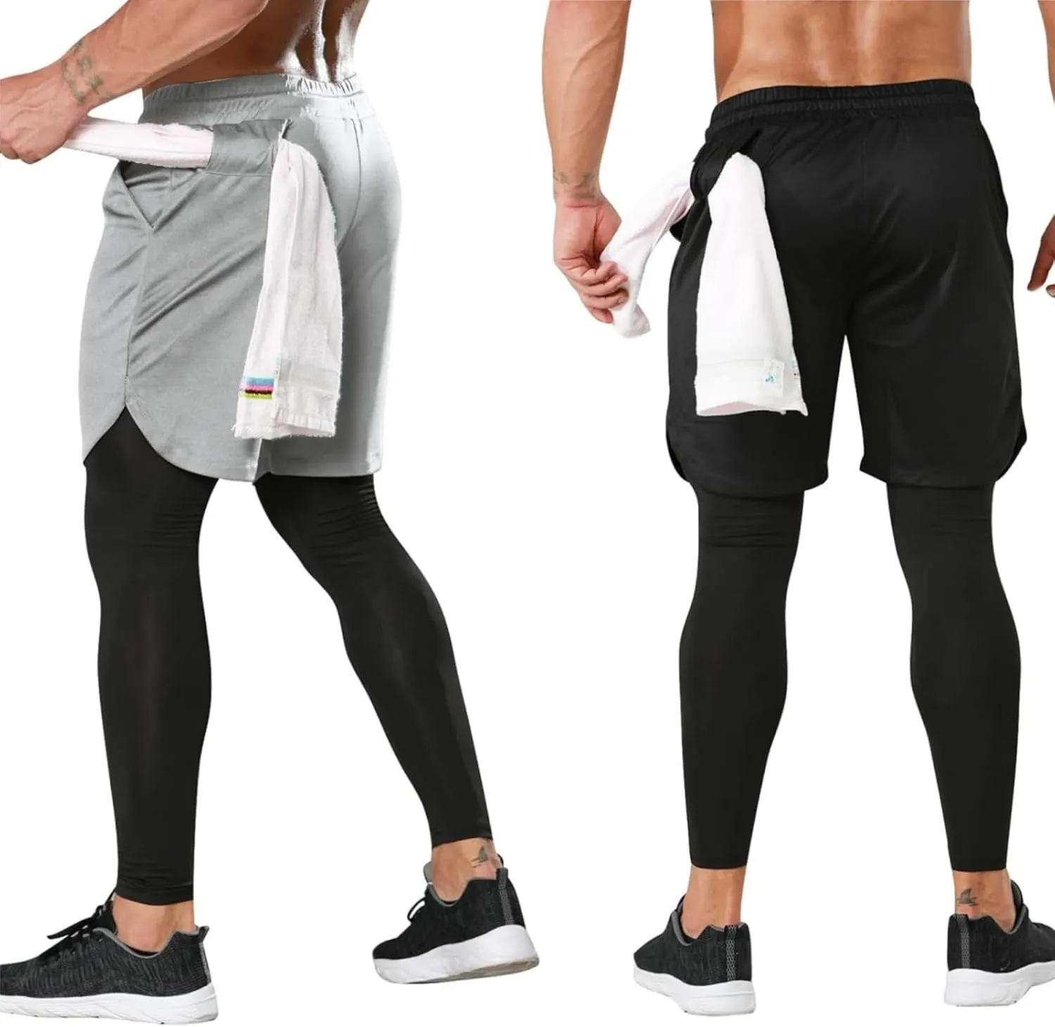 OEBLD Mens 2 in 1 Athletic Running Pants Quick Dry Gym Workout Shorts for Men Compression Pants with Pockets