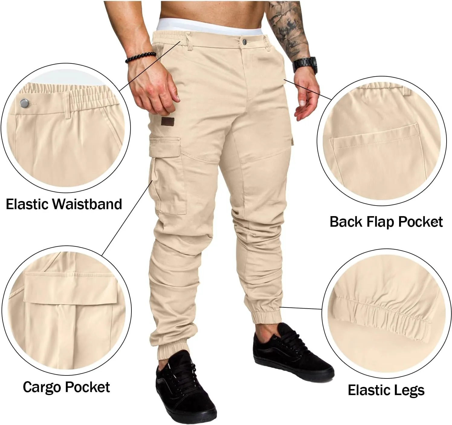 PLEPAN Men's Casual Cargo Pants Joggers Hiking Sweatpants Stretch Elastic Waist Work Pants with 6 Pockets