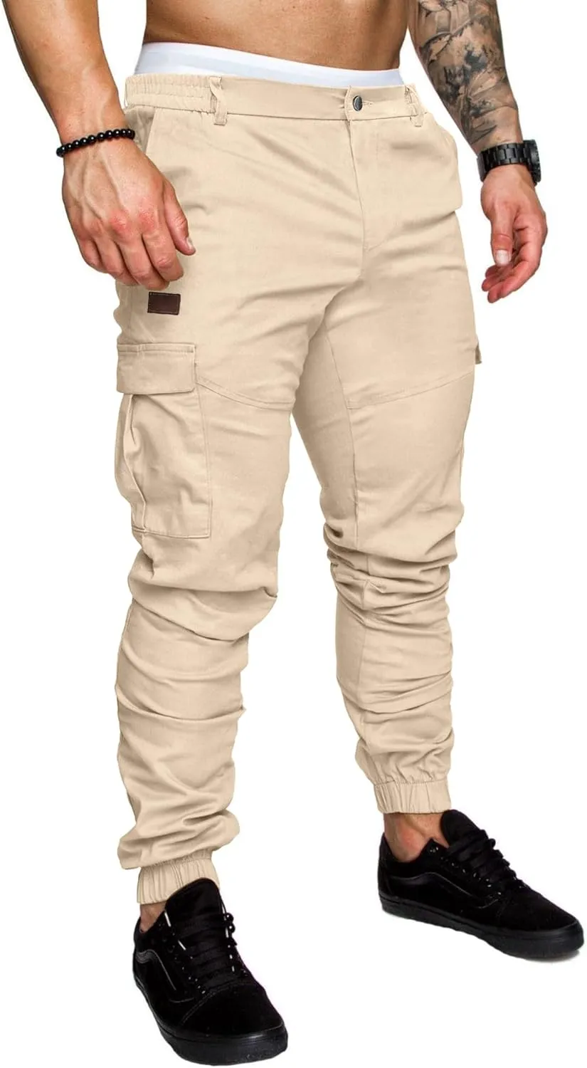 PLEPAN Men's Casual Cargo Pants Joggers Hiking Sweatpants Stretch Elastic Waist Work Pants with 6 Pockets