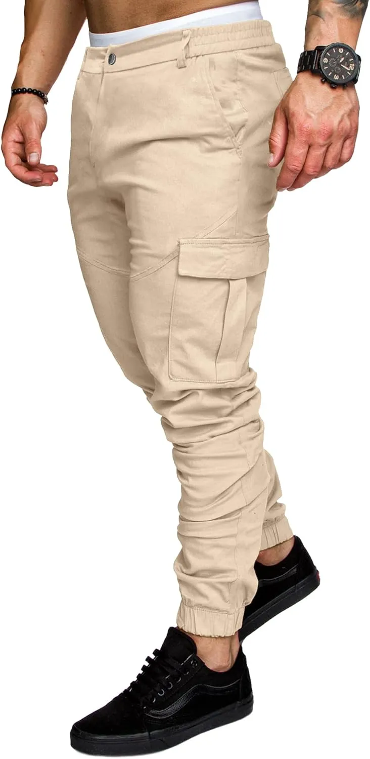 PLEPAN Men's Casual Cargo Pants Joggers Hiking Sweatpants Stretch Elastic Waist Work Pants with 6 Pockets