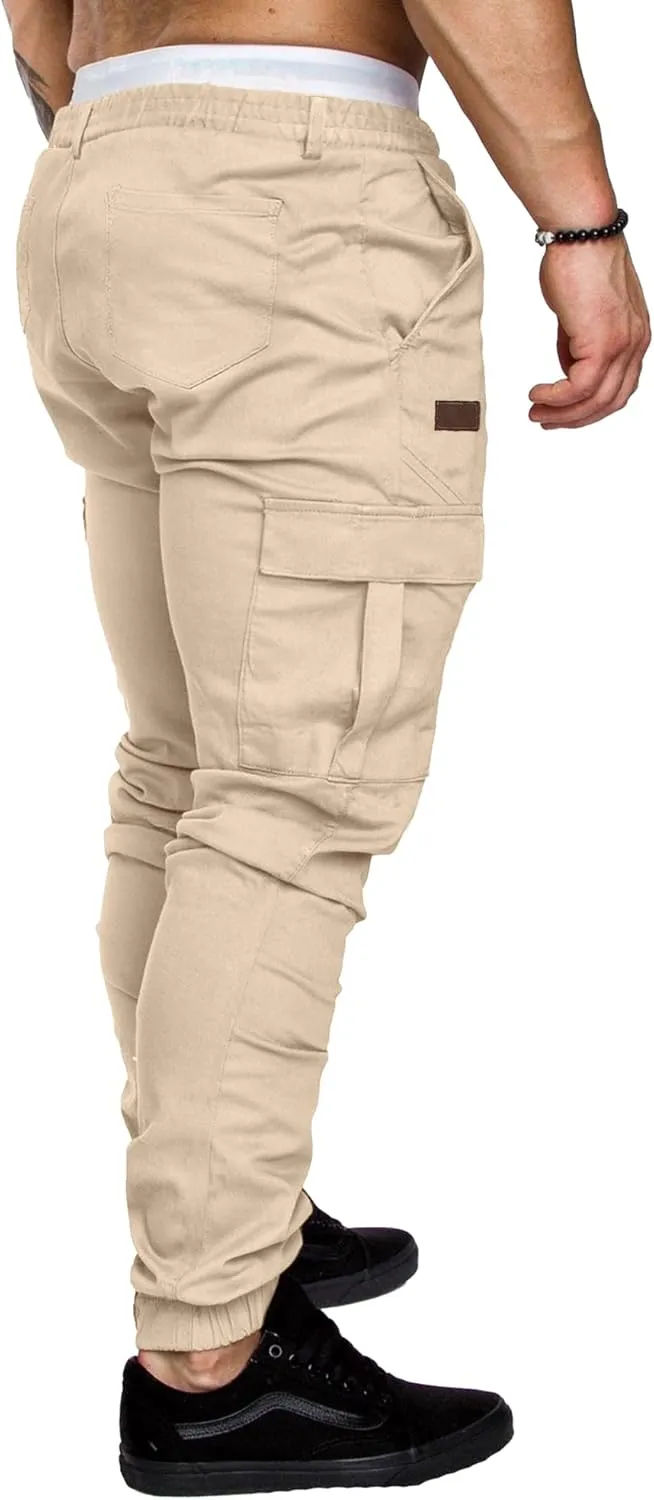 PLEPAN Men's Casual Cargo Pants Joggers Hiking Sweatpants Stretch Elastic Waist Work Pants with 6 Pockets