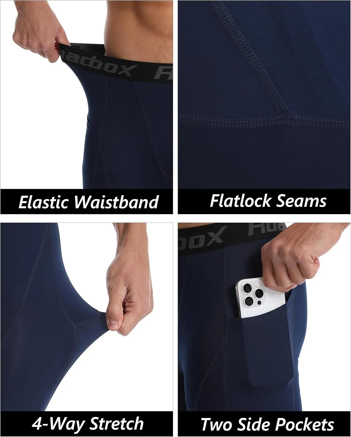 Roadbox 1 or 2 Pack Compression Pants Men, Running Workout Leggings with Pockets, Gym Basketball Athletic Tights Base Layer