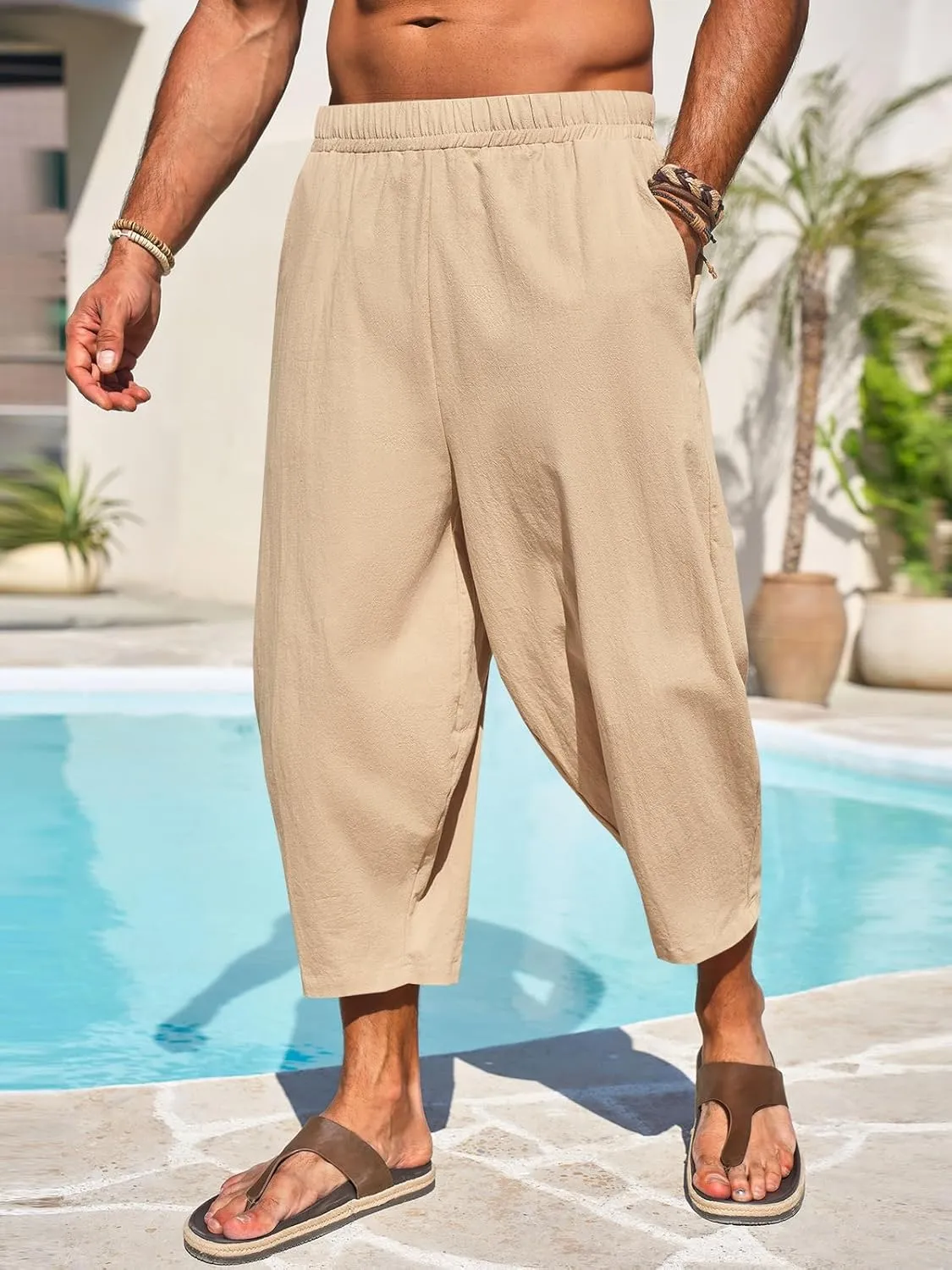 Runcati Mens Cotton Harem Capri Pants Yoga Beach Baggy 3/4 Shorts Pants Casual Elastic Waist Hippie Boho Pants