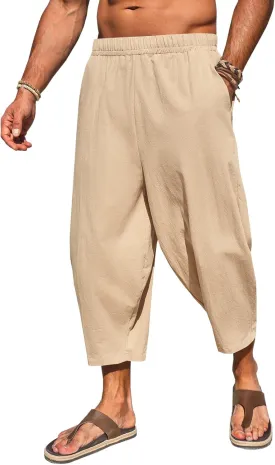 Runcati Mens Cotton Harem Capri Pants Yoga Beach Baggy 3/4 Shorts Pants Casual Elastic Waist Hippie Boho Pants