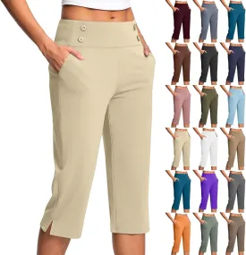 Stretchy Capri Leggings for Women with Pockets Dressy Yoga Pants Wide Leg High Waisted Casual Lounge Summer Outfits