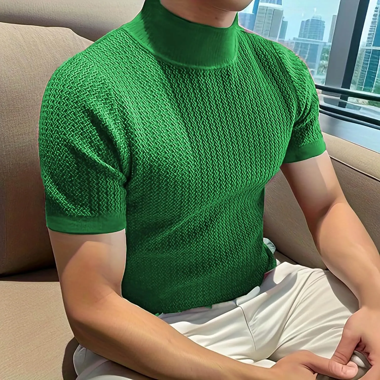 Uillui Short Sleeve Shirts Mens Mock Turtleneck Sweater Slim Fit Undershirt Casual Basic Tops Ribbed Knit Pullover Solid Tee