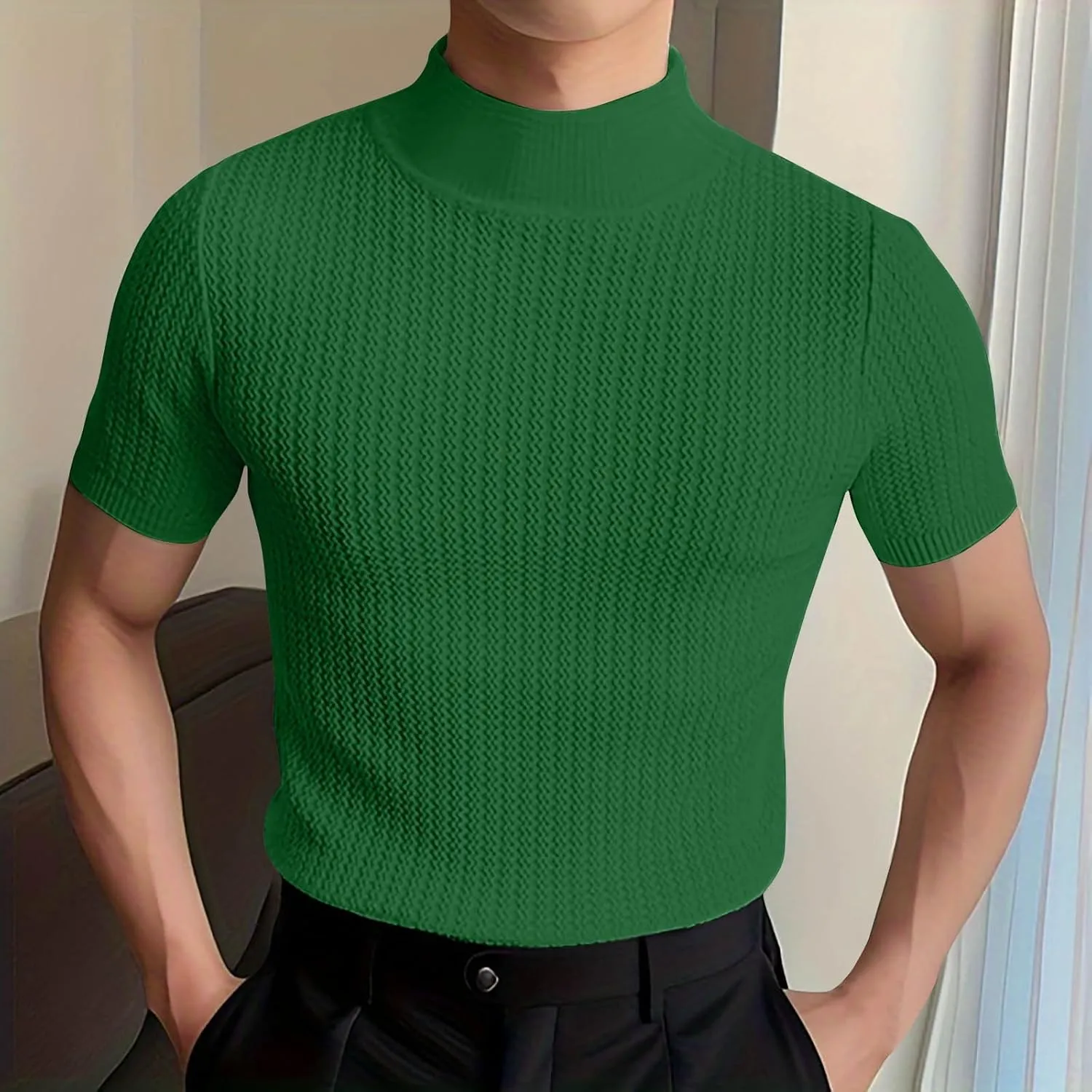 Uillui Short Sleeve Shirts Mens Mock Turtleneck Sweater Slim Fit Undershirt Casual Basic Tops Ribbed Knit Pullover Solid Tee