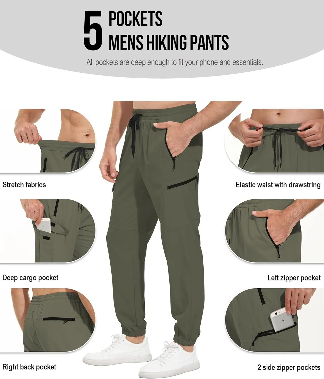 VAYAGER Men's Lightweight Joggers Quick Dry Hiking Cargo Pants Stretch Running Athletic Golf Pants with Zipper Pockets
